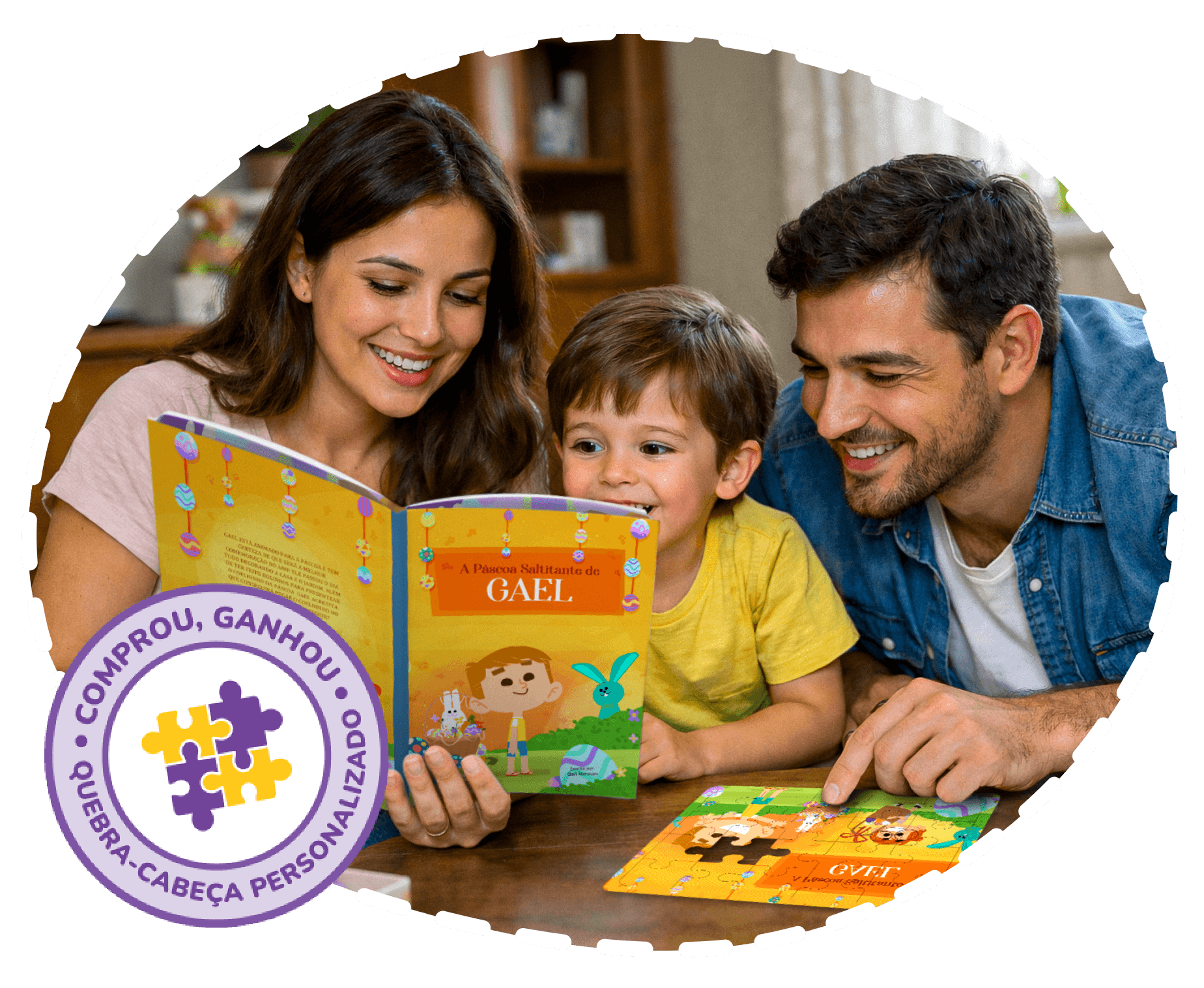 Familia lendo uma história de Páscoa